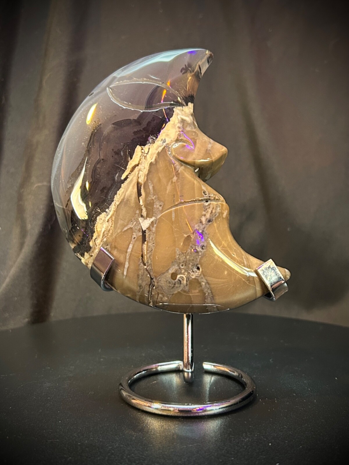 5.25″ Volcano Agate Moon With Custom Metal Stand 1lb 1 oz UV Reactive