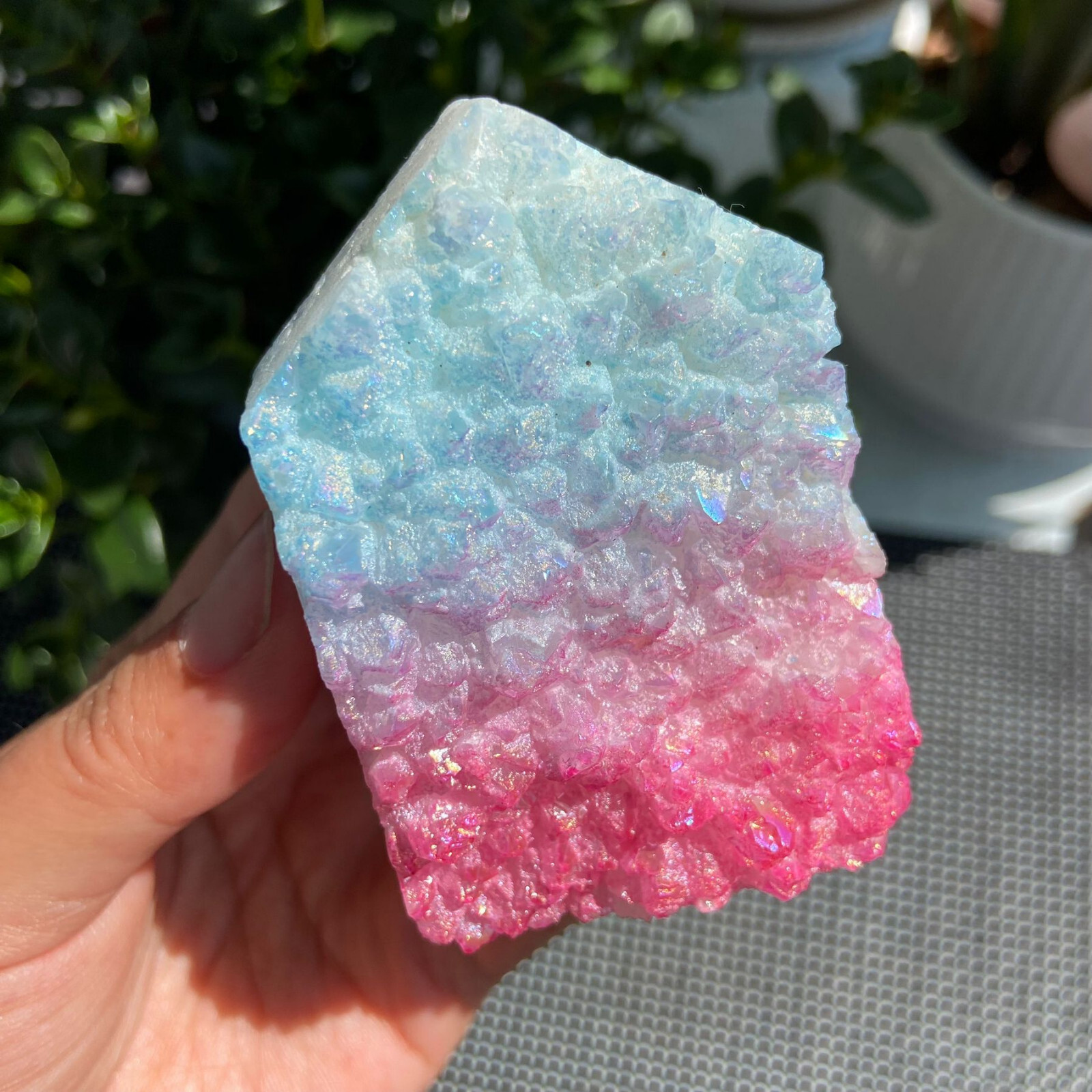 176g Titanium-Coated Pink Blue Aura Quartz Cluster Obelisk Tower Crystal Energy