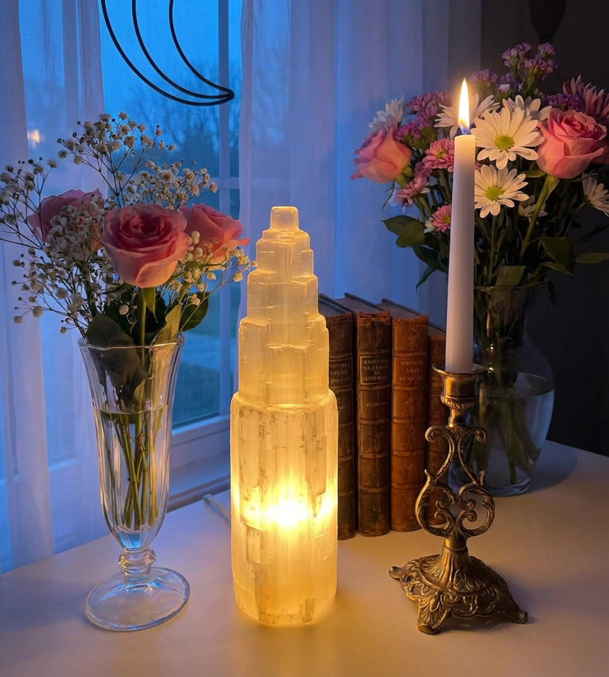 LARGE SELENITE CRYSTAL SINGLE TOWER LAMP – STANDING DISPLAY HEALING CRYSTAL