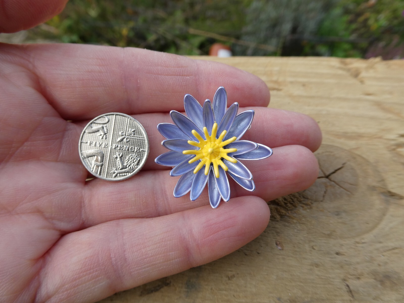 Water Lily Enamel Flower Silver Plated Brooch Blue With Yellow Centre Gift Bag