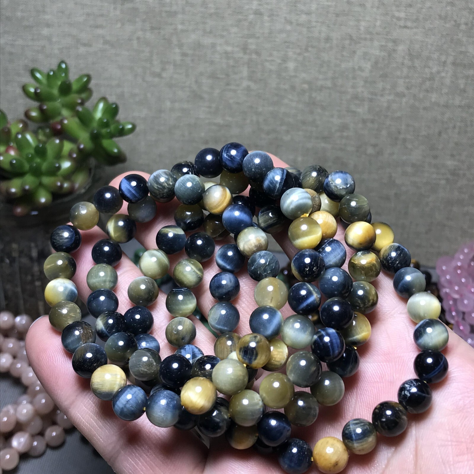 5Pcs Wholesal Natural Polish yellow Blue Tiger eye bracelets Crystal ball 8mm