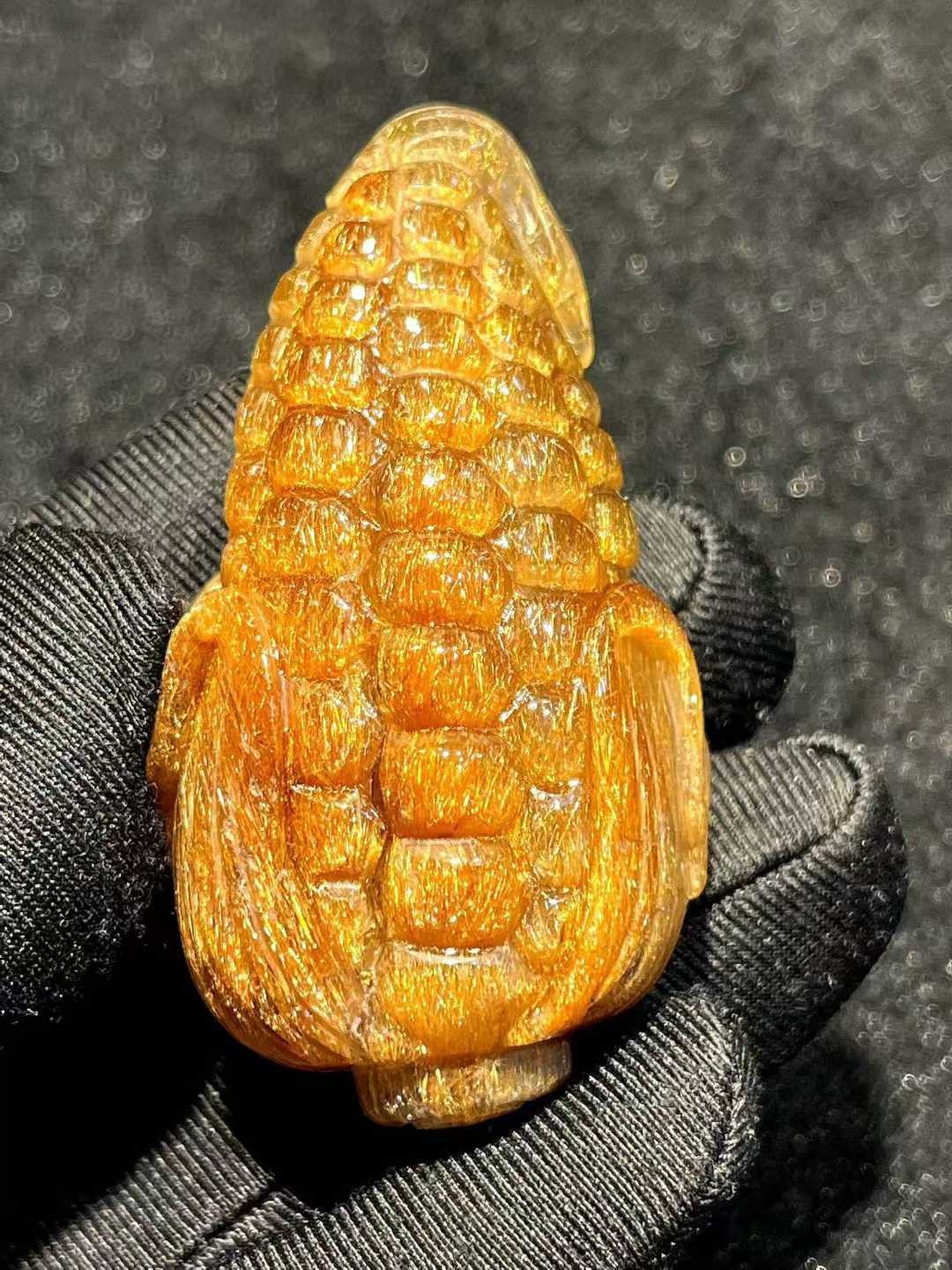 57*31*26mm Natural Copper Rutilated Quartz Carved Maize Palm Crystal Reiki