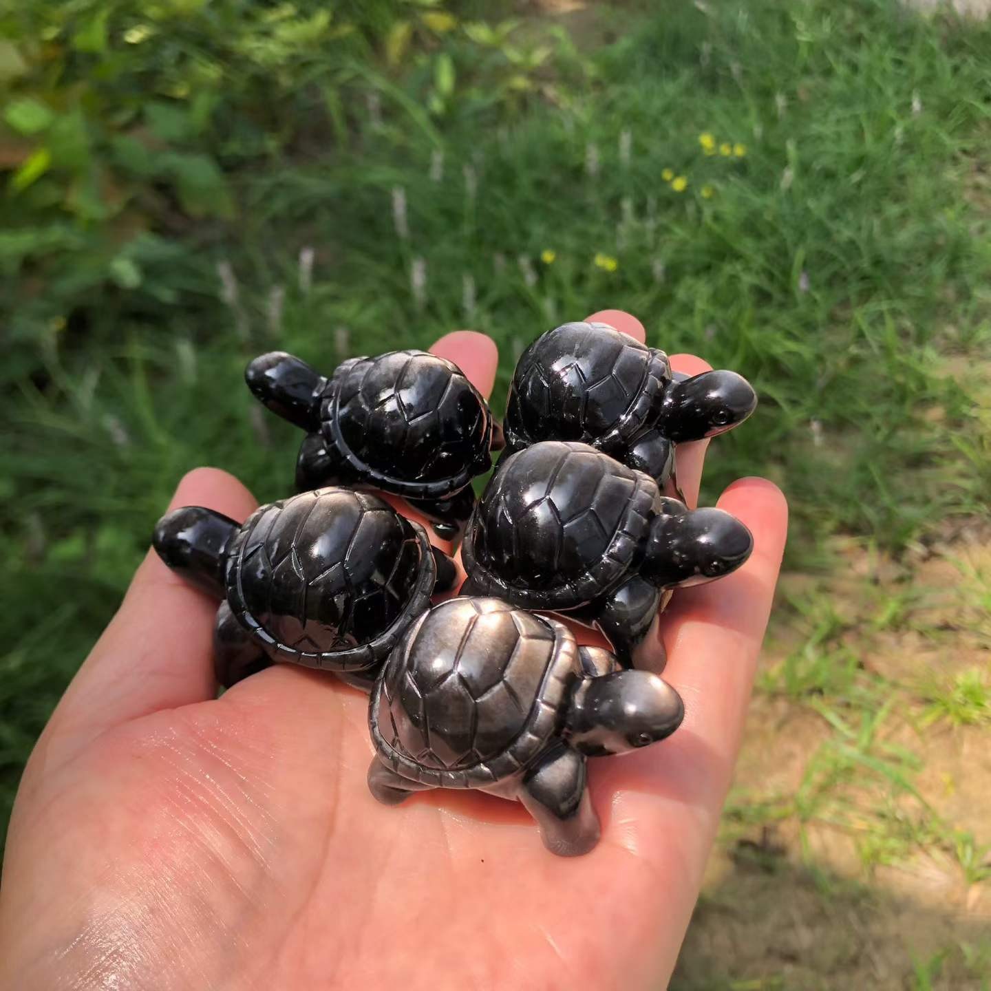 1pc Natural Silver Obsidian Quartz Carved Tortoise Skull Crystal Reiki Decor