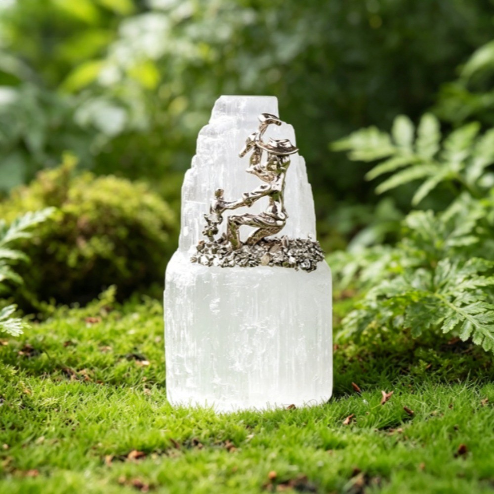 Natural Selenite Tower with Alloy Miner Figurine Pyrite Crystal Healing Decor2pc