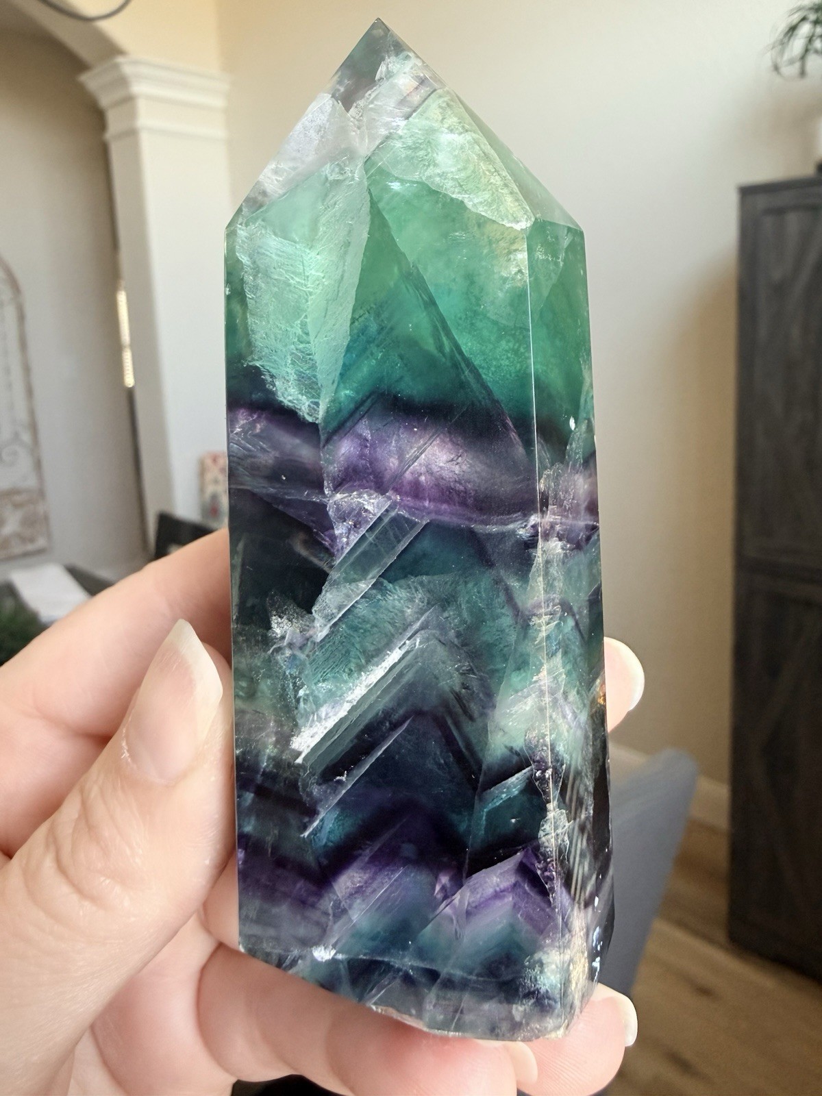 HQ Chevron Rainbow Fluorite Crystal Tower Purple Blue Green 4inch Tall Clear