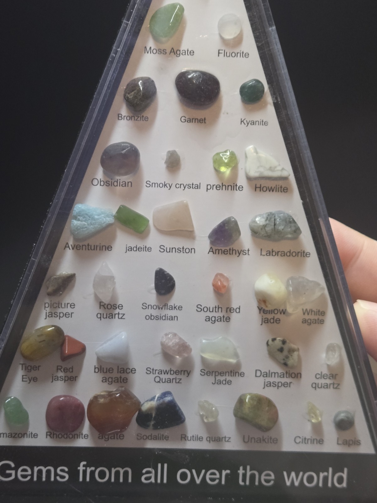 Gems, Crystals, Stones, Rocks, From All Over The World In Triangle Display Box