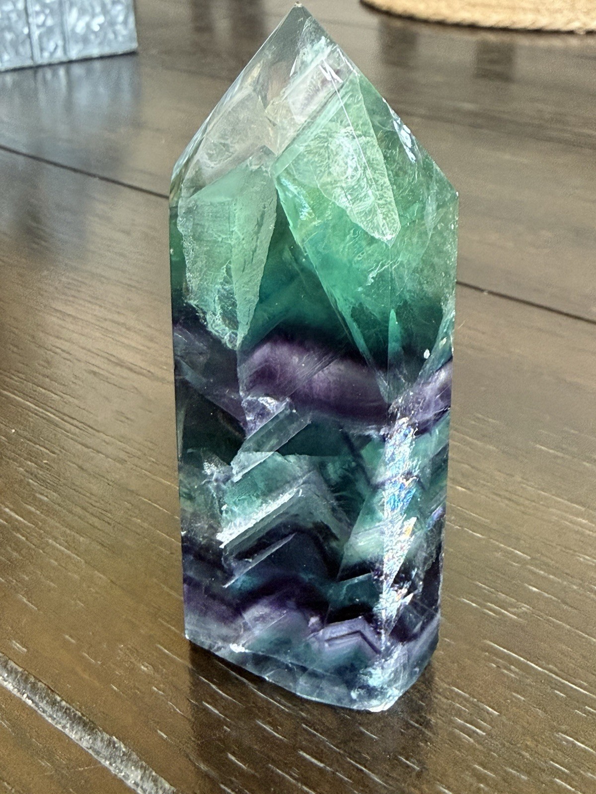 HQ Chevron Rainbow Fluorite Crystal Tower Purple Blue Green 4inch Tall Clear
