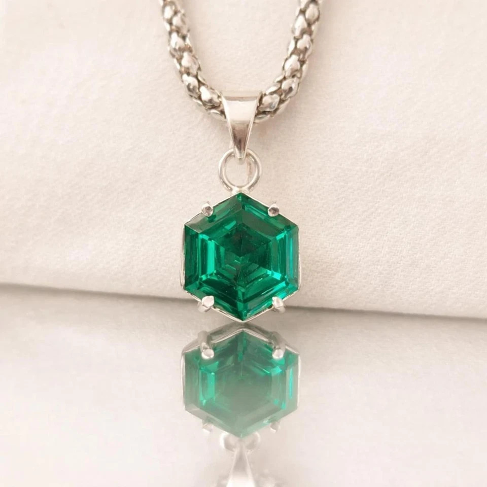 Natural 23 Ct Green Emerald IGL Loose Gems Hexagon 925 Solid Silver Pendant 6JHP
