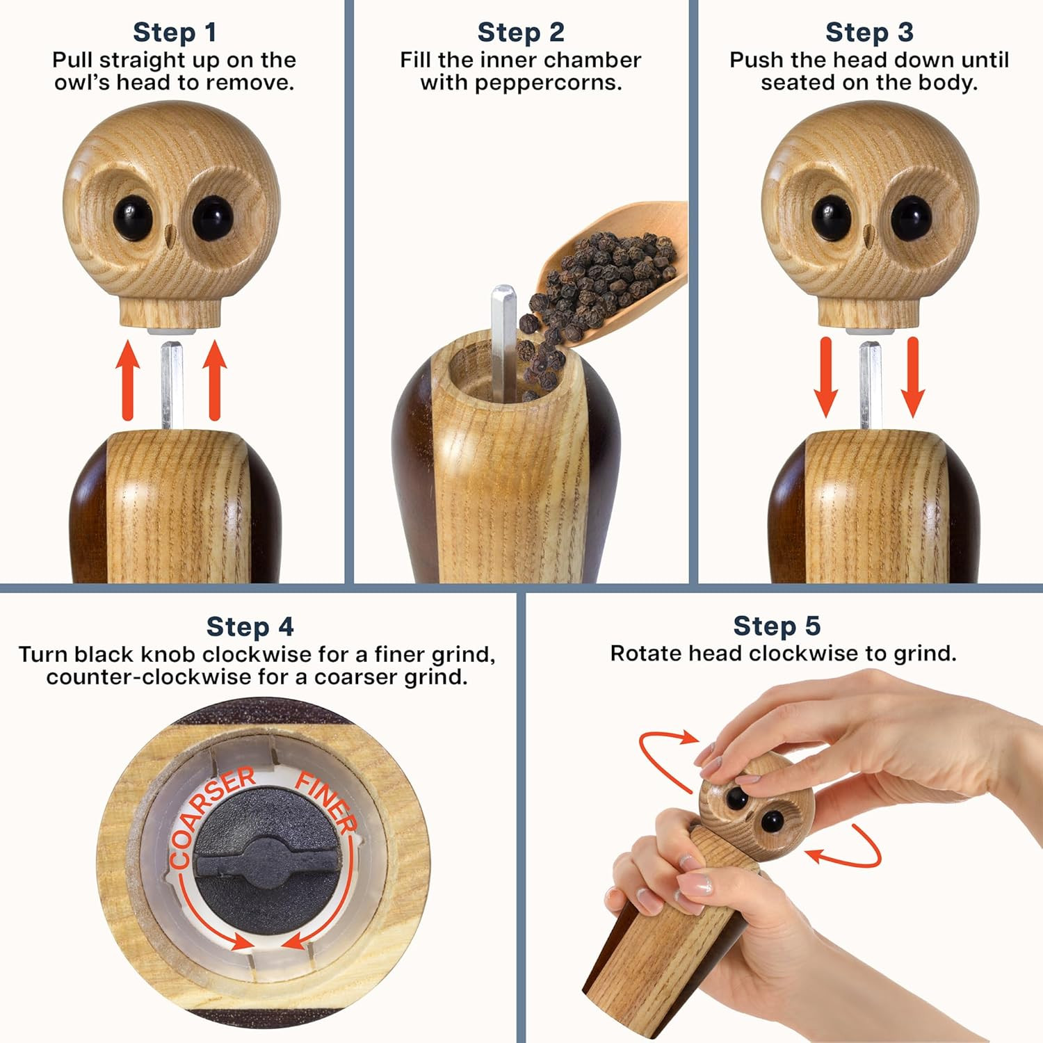 Owl Refillable Pepper Grinder, Manual Pepper Mill with Ceramic Grinder and Adjus