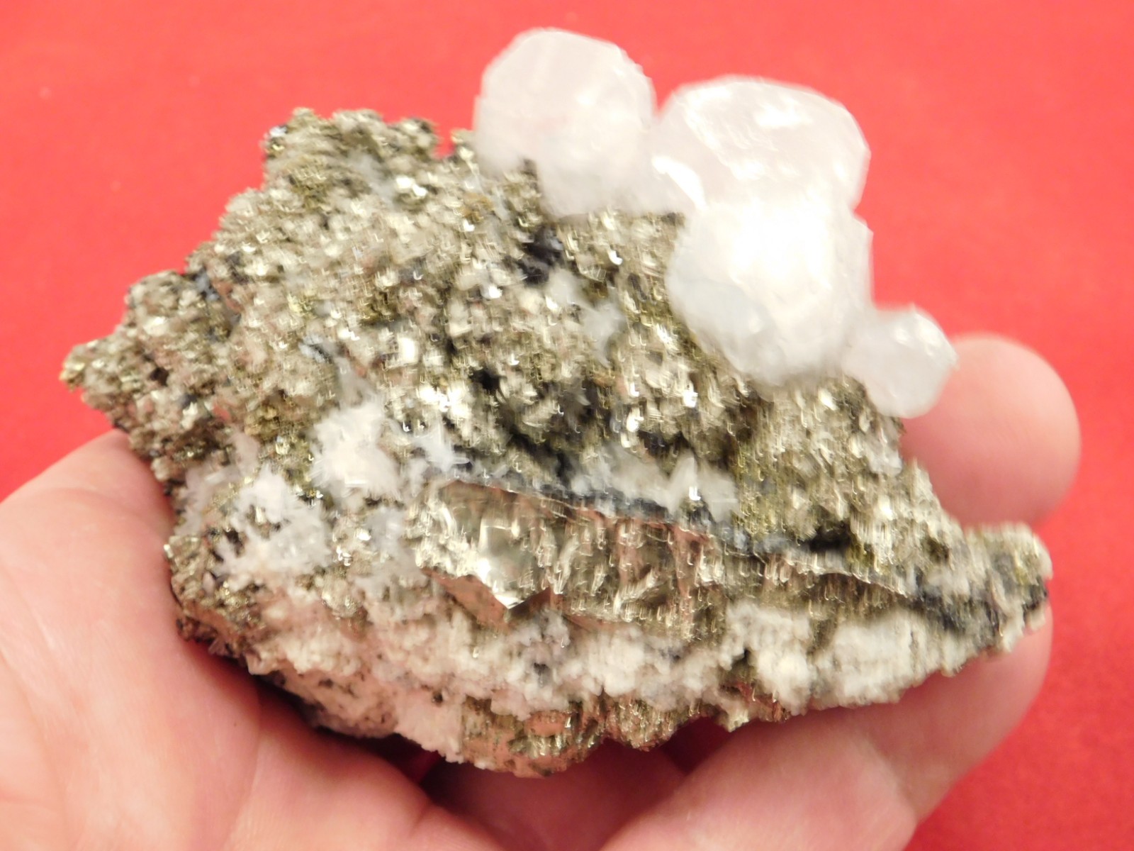 Larger! FLUORESCENT Calcite CRYSTAL Cluster on PYRITE Peru 261gr