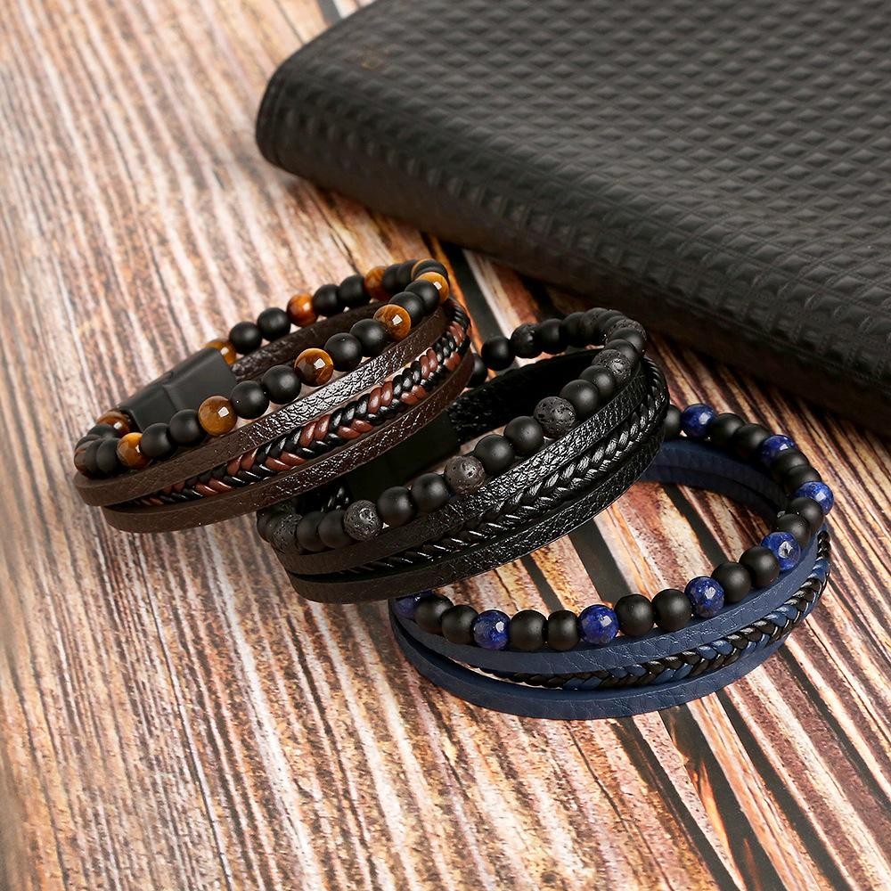 Men’s Classic Tiger Eye Beaded Leather Bracelet Multi Layer Elegant Jewelry Gift