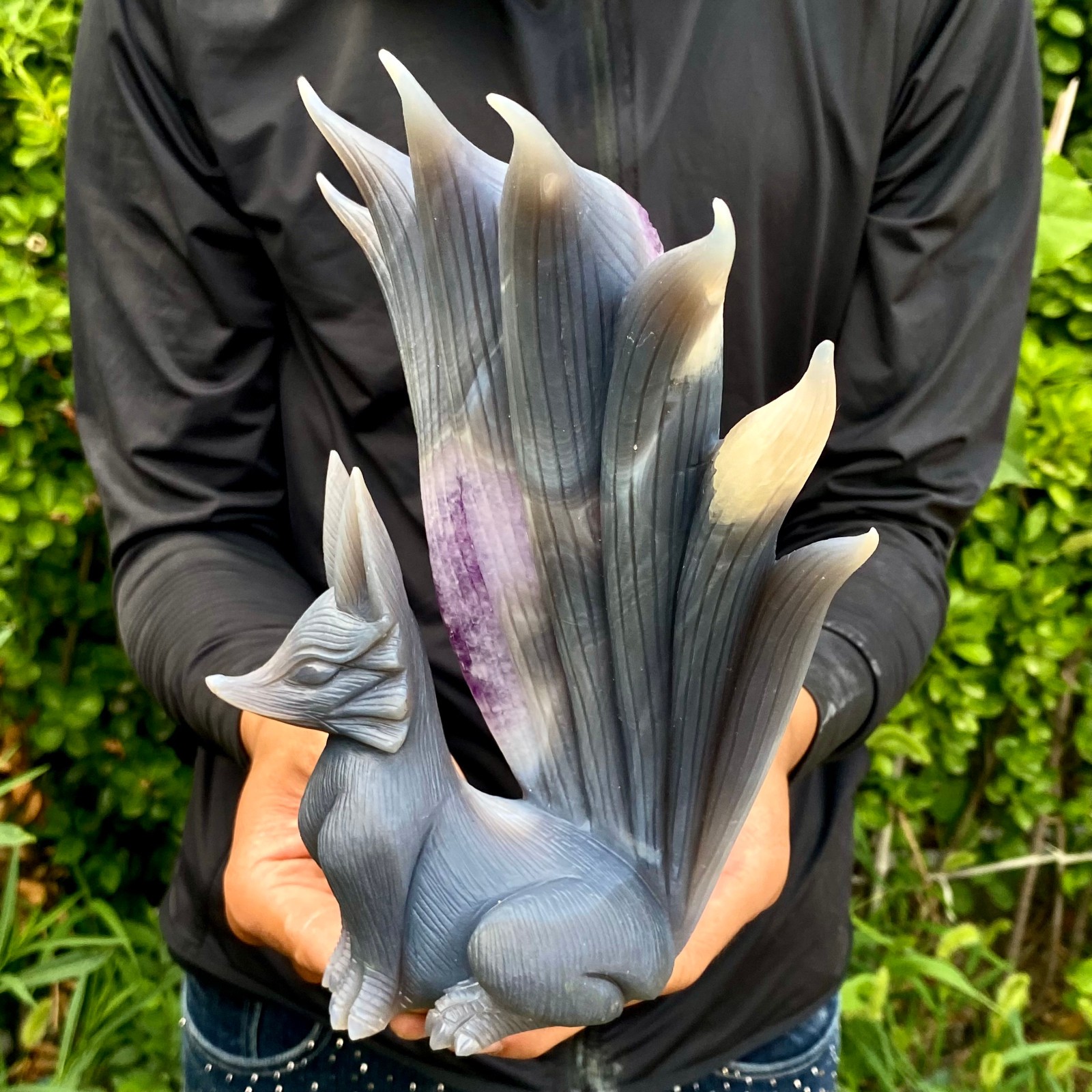 3.99LB Natural Agate Geode Hand Carved Nine-tailed Fox Quartz Crystal Decor
