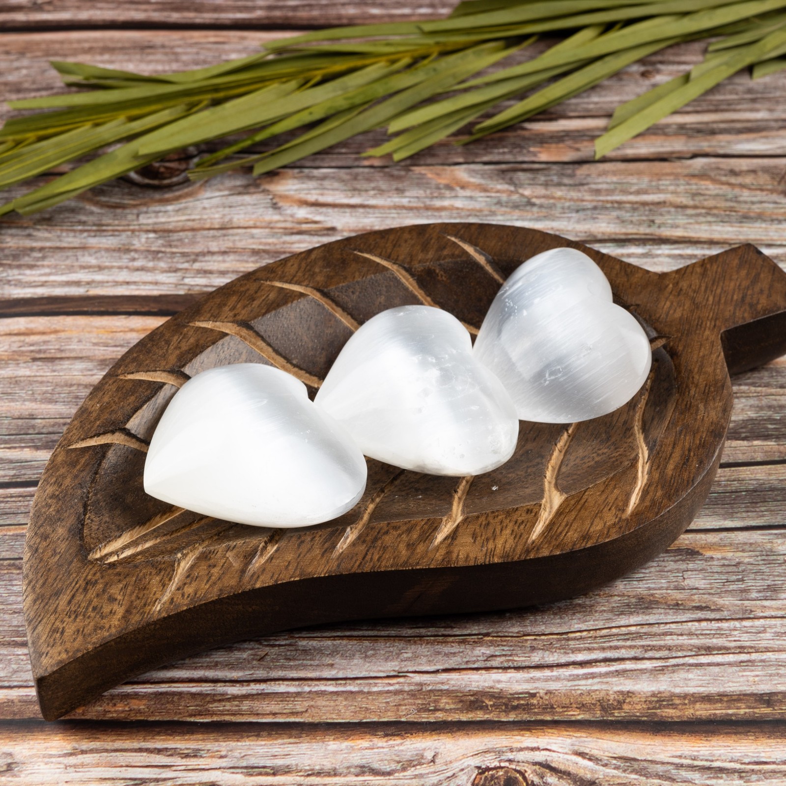 Selenite Crystal Heart Palm Stone, Polished Worry Stones, Fidget Stone, 2 pc Set