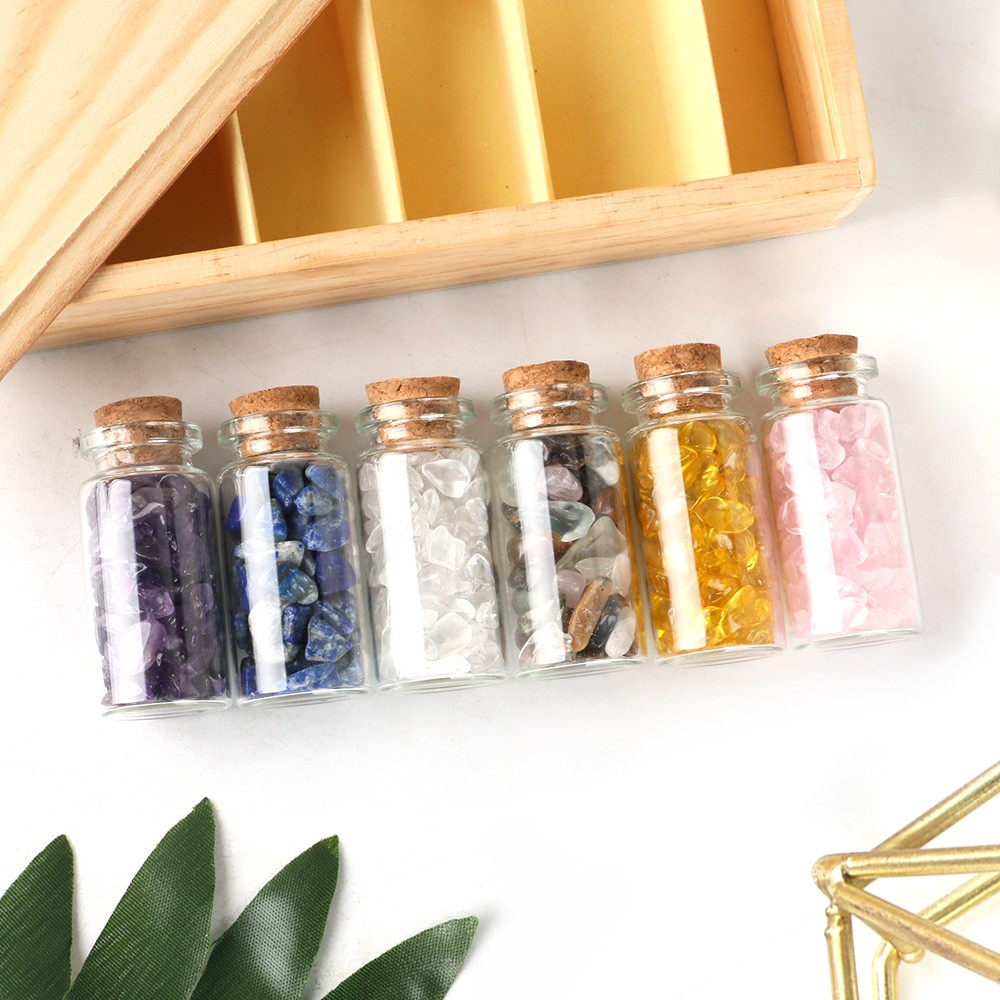 6 Mini Gemstone Bottles Crystal Tumbled Gem Wicca Stones Set for Home Decorate