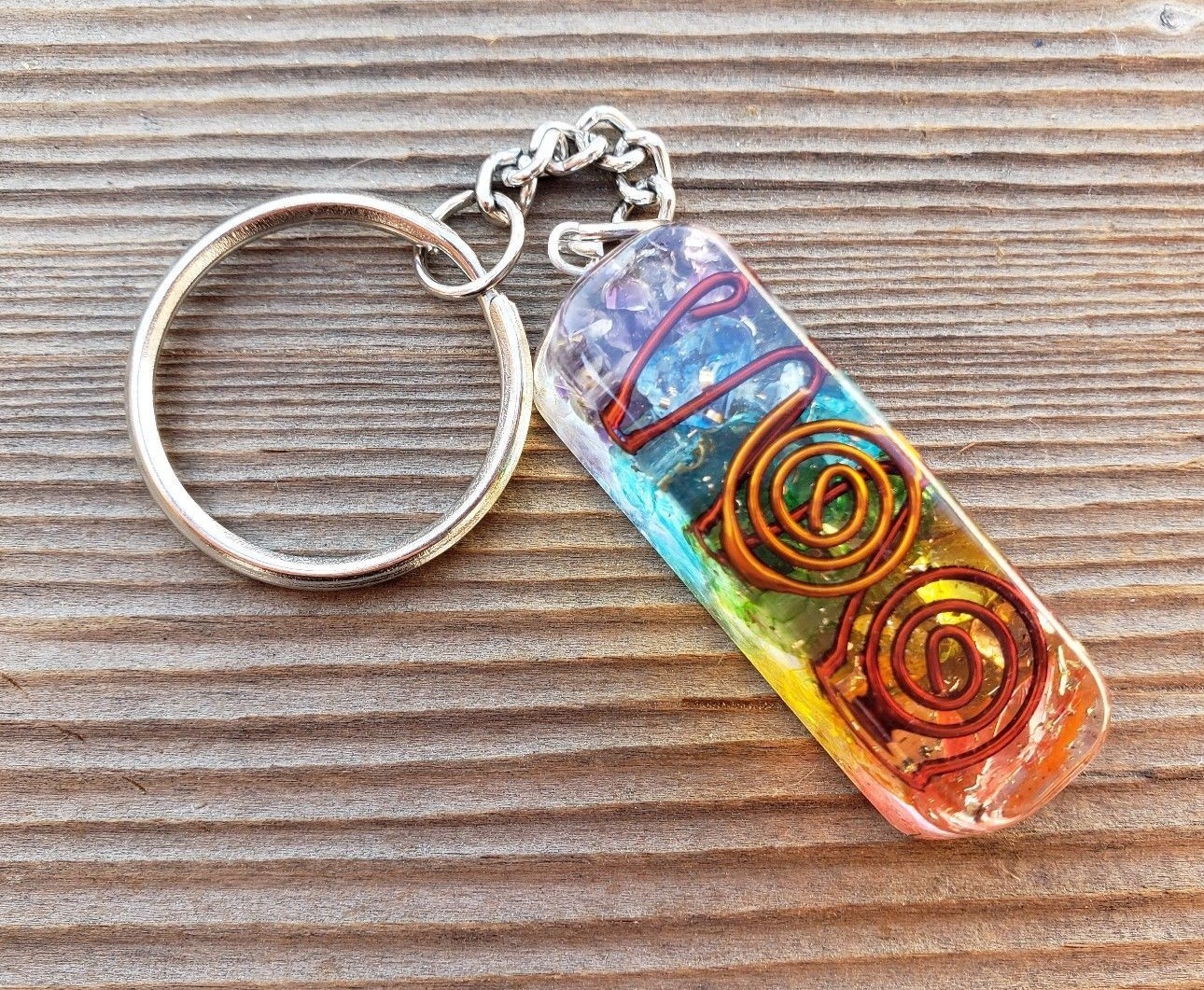 ORGONE 7 CHAKRA LAYERED GEMSTONE RECTANGLE KEYCHAIN ORGONITE (ONE)