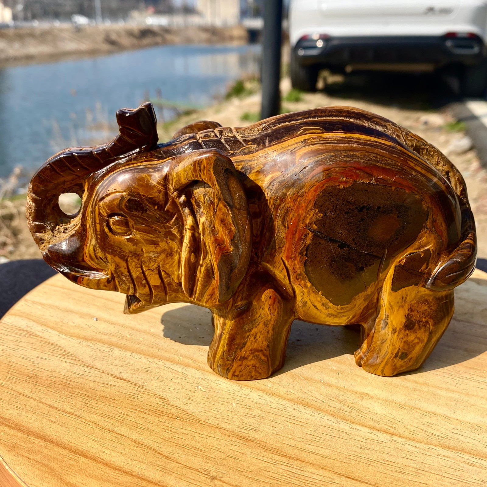 2.97LB Natural Tiger’s Eye Hand Carved Elephant Statue Reiki Healing Crystal