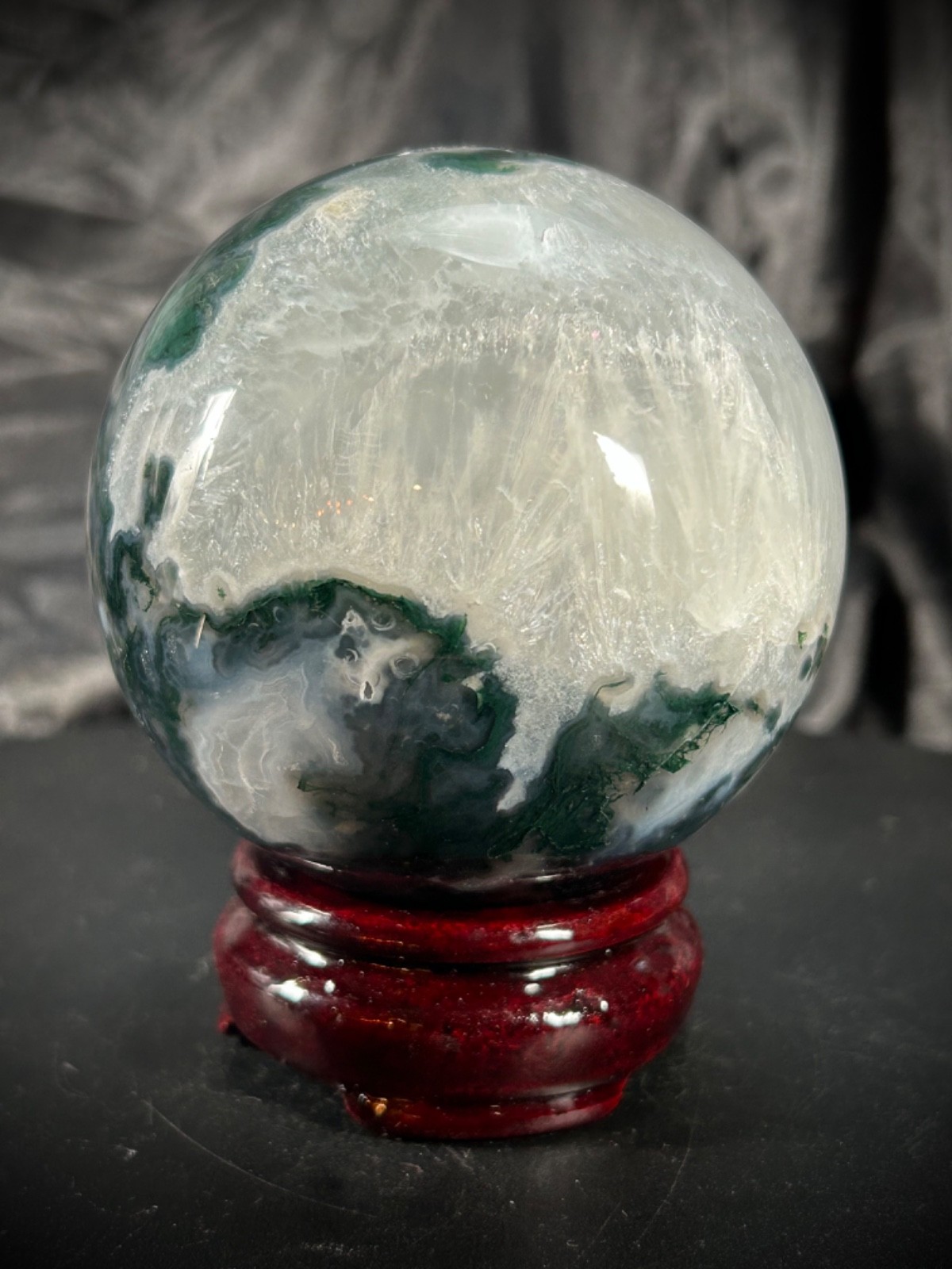 3.25″ Unique Moss Agate And Quartz Sphere With Wood Stand 1lb 10.3oz