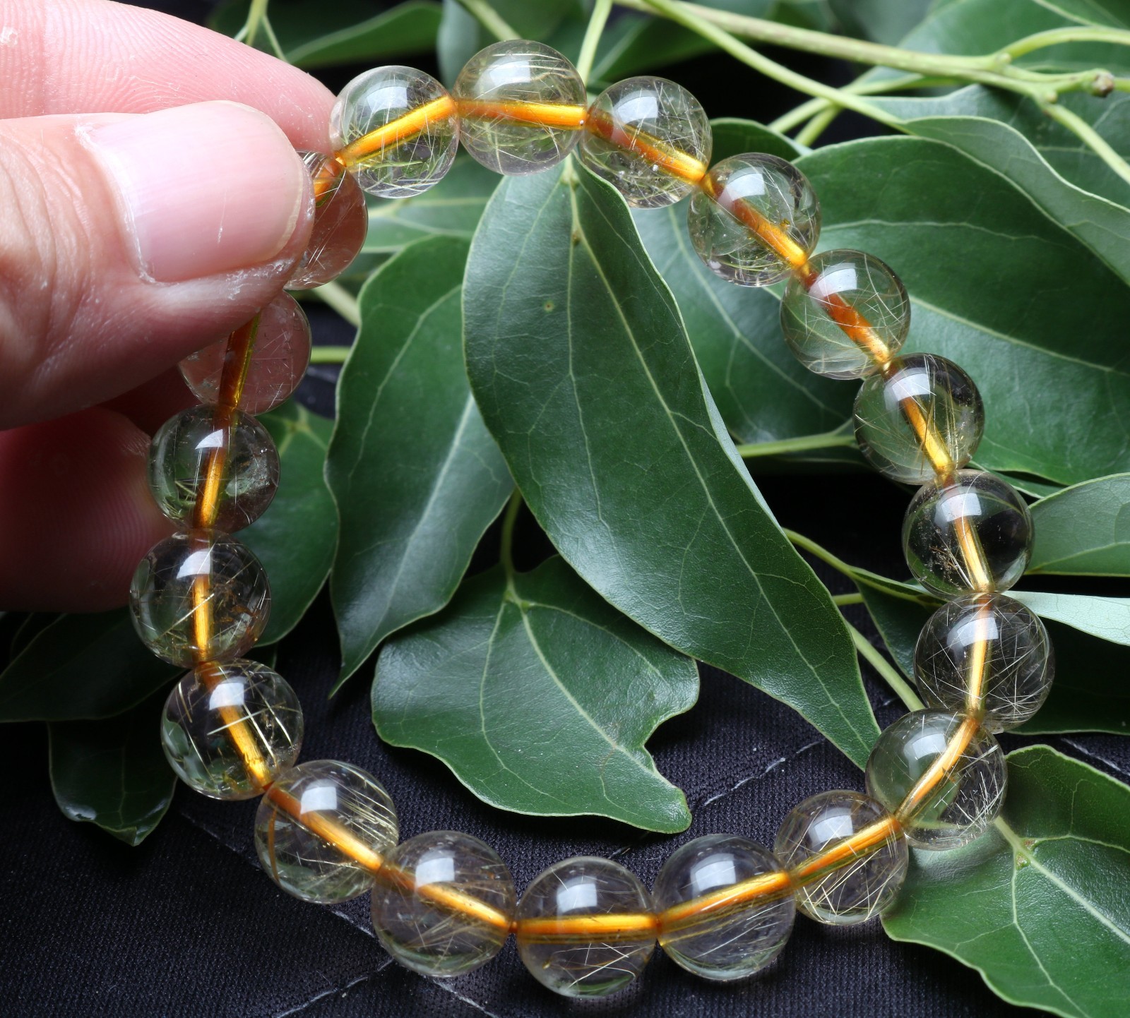 29.8g Rare Natural Clear Gold Rutilated Quartz Crystal 10mm Round Bead Hand cate