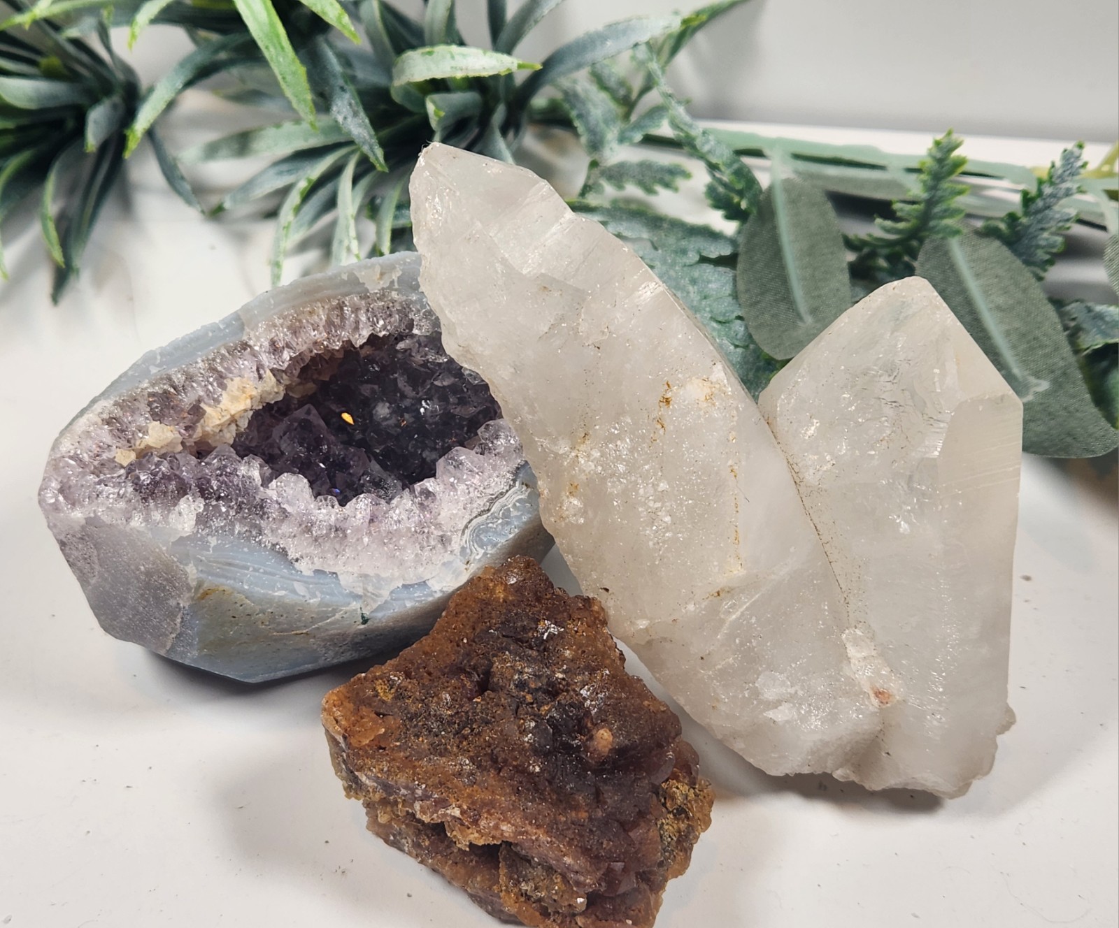 13.8oz Crystal Set, Unique Etched Arkansas Quartz , Amethyst Geode, Citrine Lot