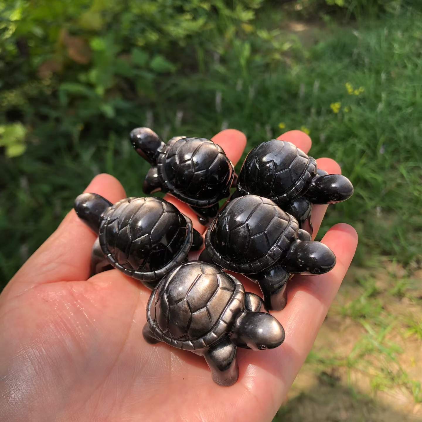 1pc Natural Silver Obsidian Quartz Carved Tortoise Skull Crystal Reiki Decor