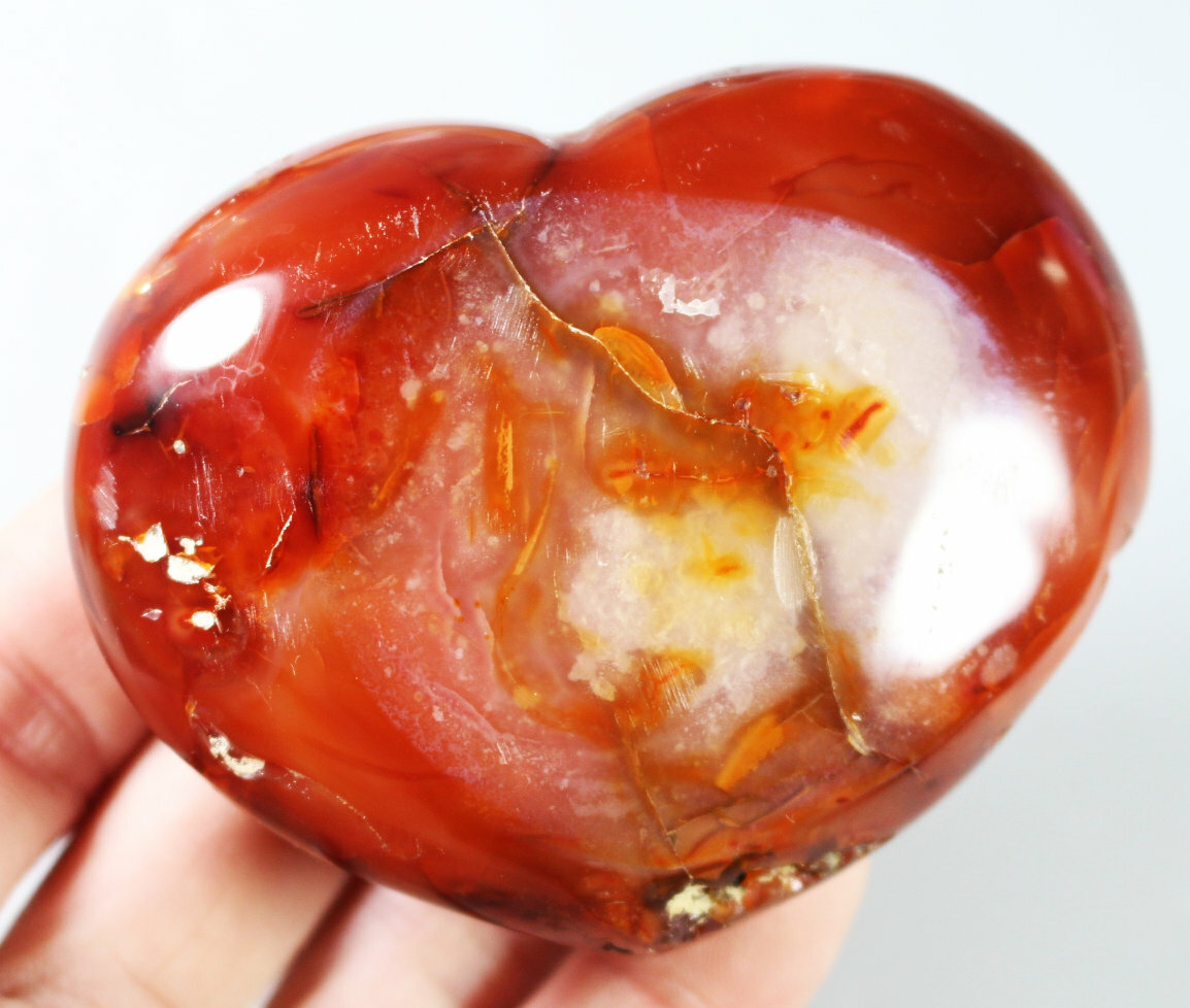 Natural Red Orange CARNELIAN Agate Quartz Crystal Love Heart Palm Stone 226g