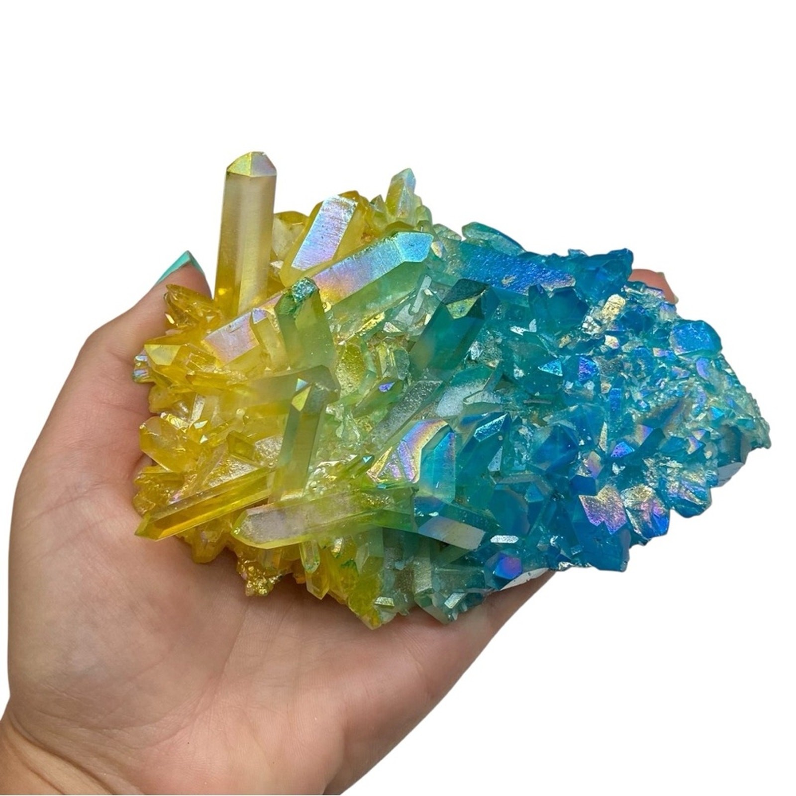 Aura Quartz Crystal Cluster Yellow Blue Clear Iridescent Stone Display Gift