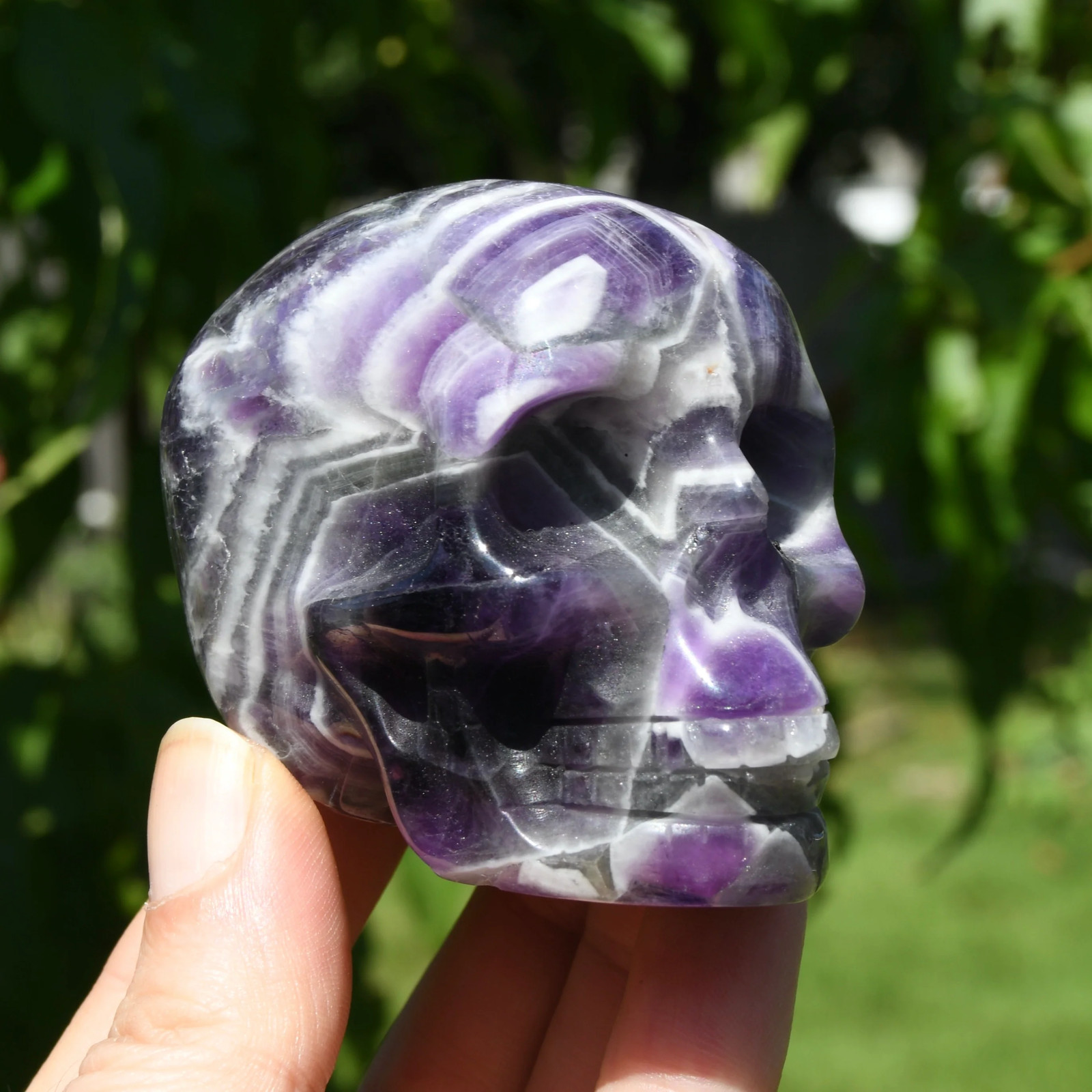 3in Chevron Dream Amethyst Crystal Skull, Realistic Gemstone Carving