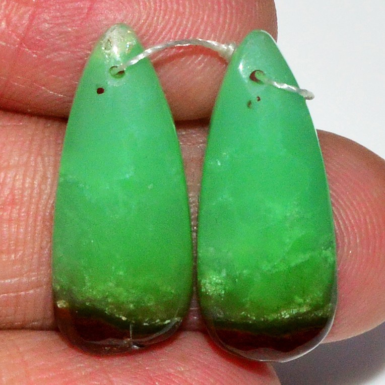 17Cts Natural Chrysoprase Gemstone Cabochon Front Drill Earrings 20x7mm #P2583