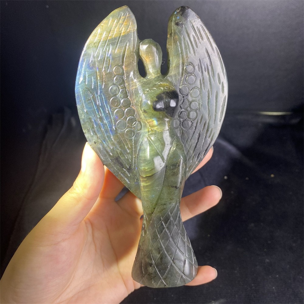 0.7LB 6″Natural A++Labradorite Angel Statue Crystal Reiki Carving Heal Decor