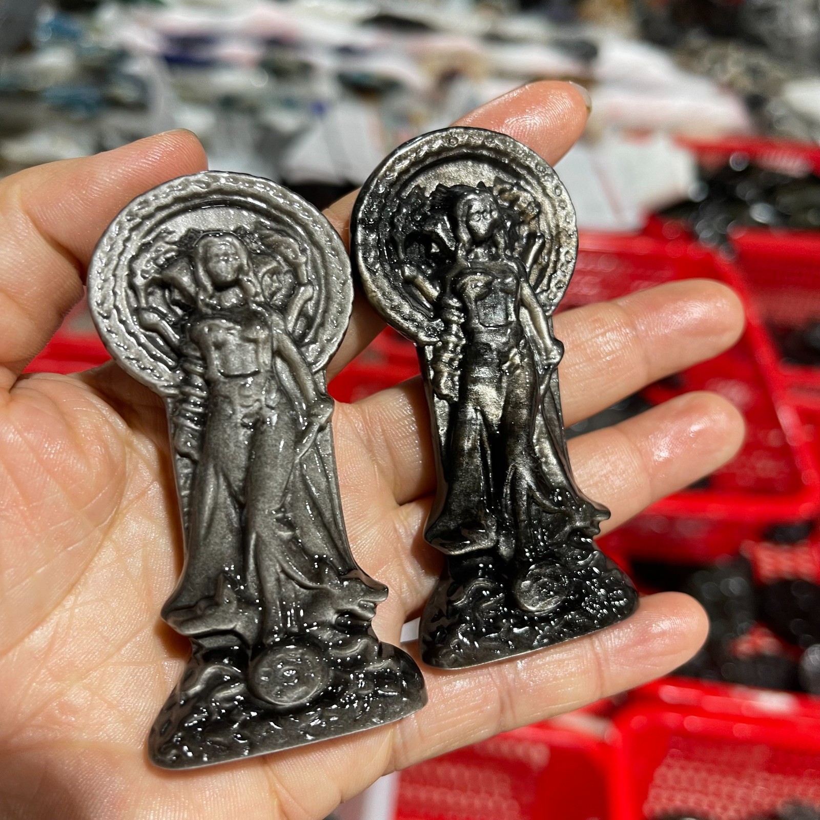 Silver Sheen Obsidian Hecate Goddess Statue,Hand-Carved Greek Moon Goddess 1pc