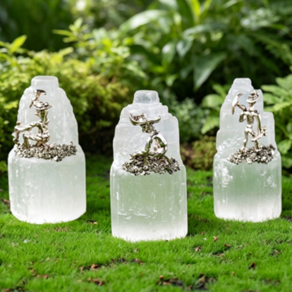 Natural Selenite Tower with Alloy Miner Figurine Pyrite Crystal Healing Decor2pc