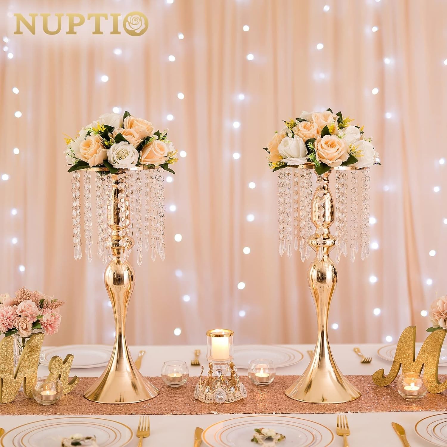 Modern Gold Metal Crystal Flower Holders – Perfect 21.3” Tall Centerpieces