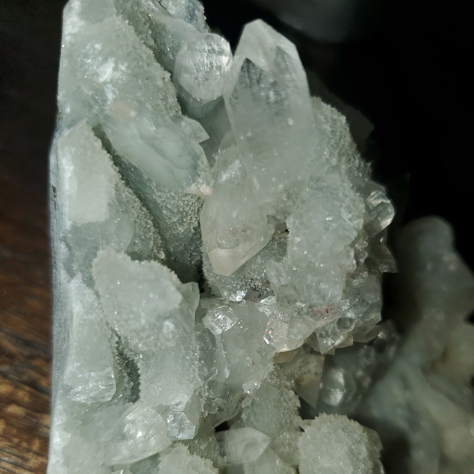 Apophylite and Calcite on Blue Chalcedony. Approx 1lb 8.1oz, 6in x 4in x 3.5in