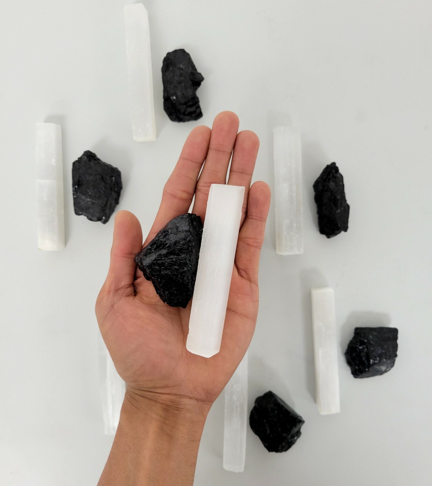 Tourmaline Crystal Chunk & Selenite Stick Bundle Healing Crystals Set