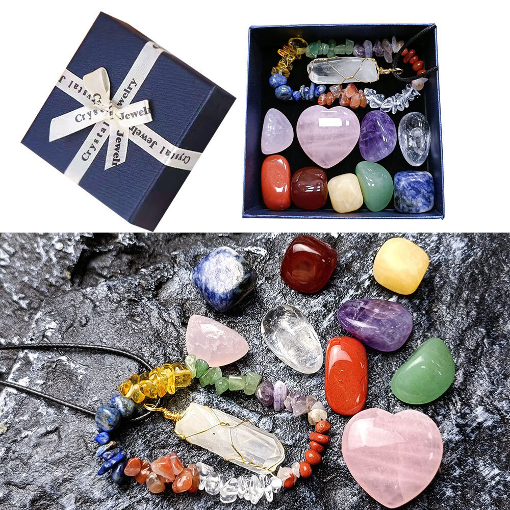 Spiritual Meditation Crystal Heart Healing Crystal 7 Chakra Tumbling Stone Set