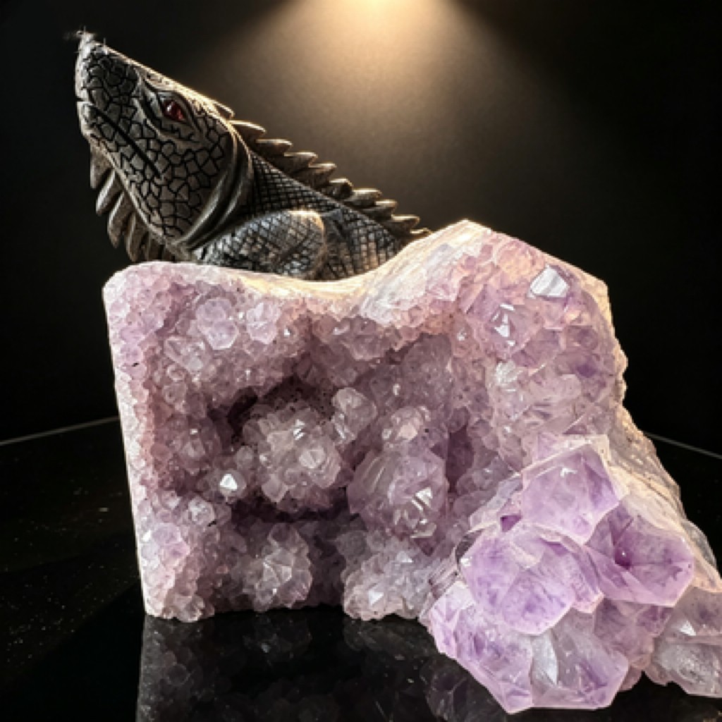 Natural Amethyst Cluster Lizard Sculpture Hand Carved Crystal Collectible Art