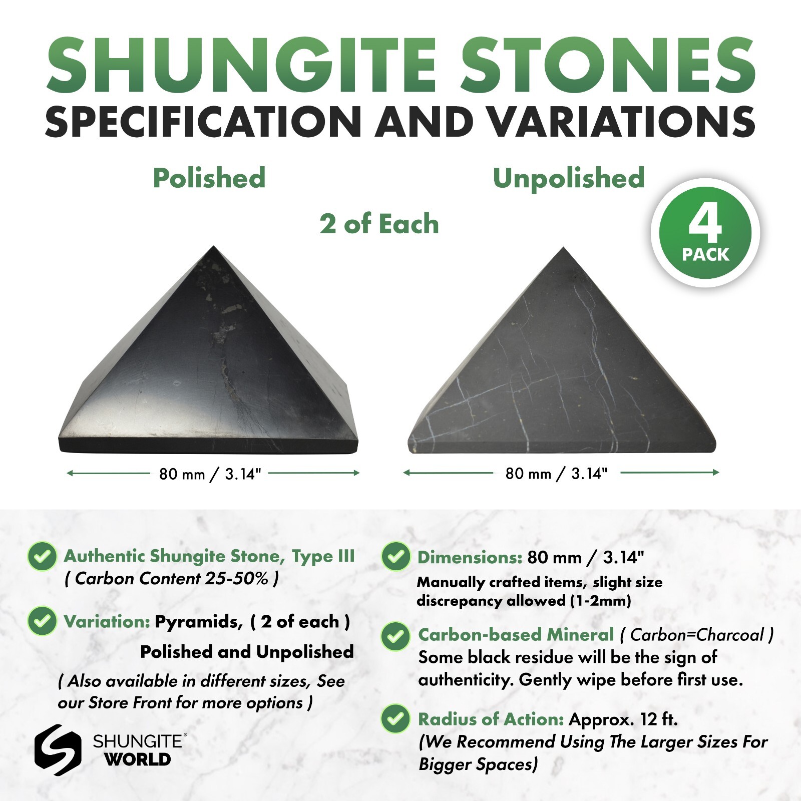 Shungite World Shungite Pyramid Set 4 pcs – 80 mm / 3.14″ (Polished+Unpolished)