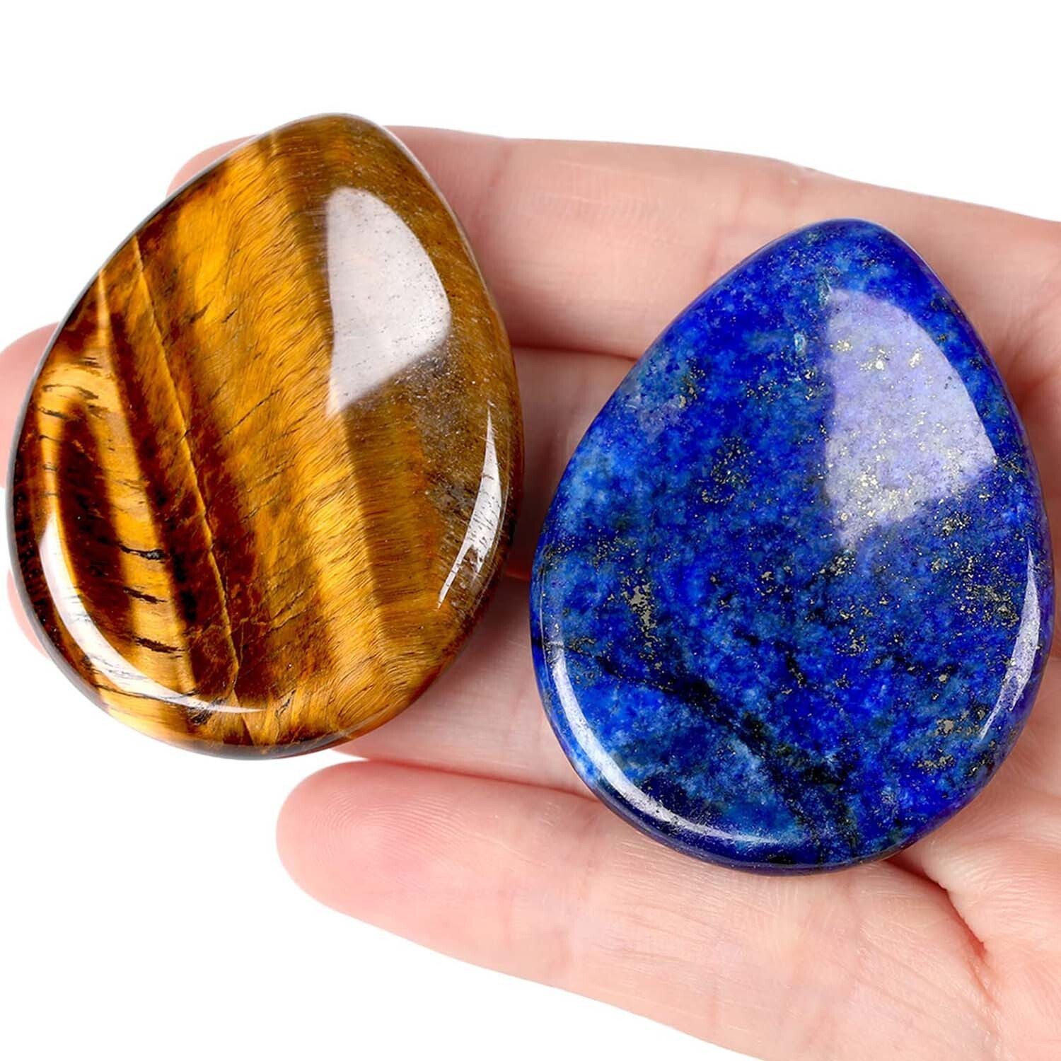 2 PCS Natural Lapis Lazuli Tiger’s Eye Worry Stone Tumbled Gemstone Pocket Stone