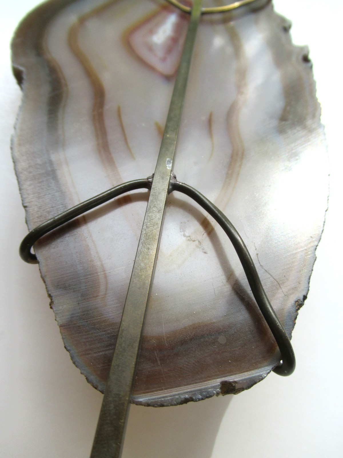 Vintage 10″ Tall Agate Slice on Brass Stand, Marked India, Stone Display Piece