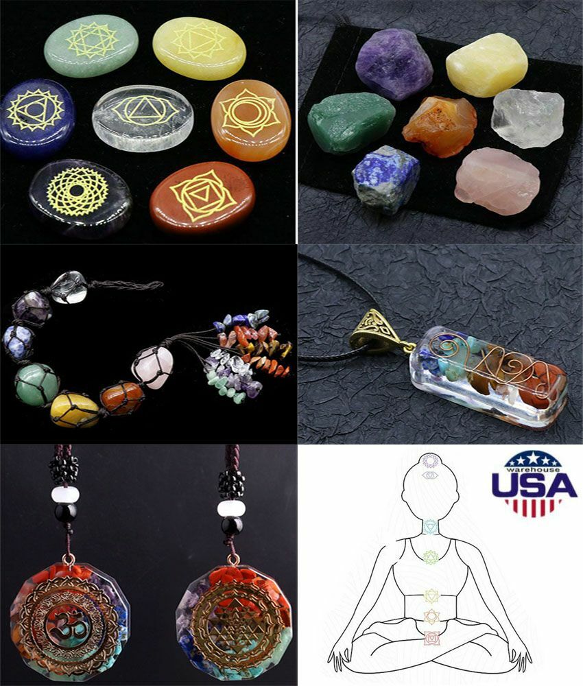 Healing 7Pcs Chakra Engraved Symbols Crystal Palm Worry Stones Set Reiki Energy