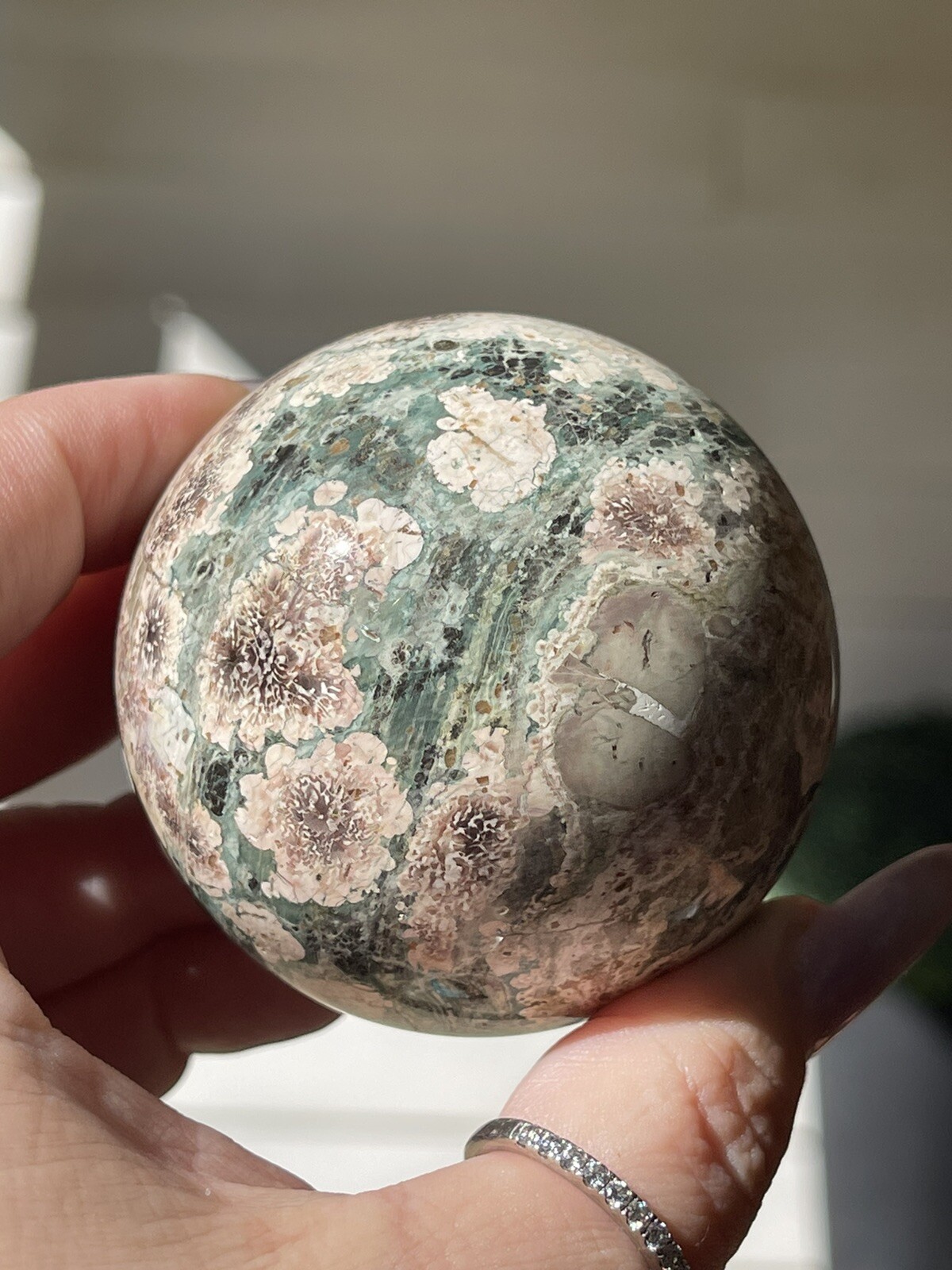 Natural Flower Jasper Sphere , Rhyolite Polished Orb , Green Russian Jasper 61mm