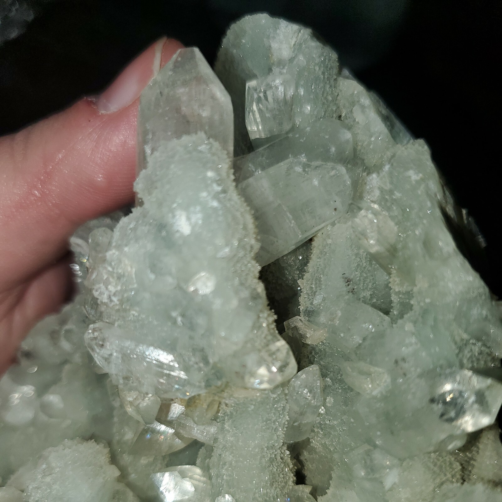 Apophylite and Calcite on Blue Chalcedony. Approx 1lb 8.1oz, 6in x 4in x 3.5in