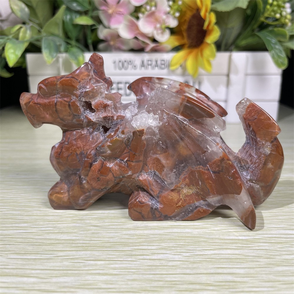 0.8LB 4″ Indonesian Agate Geode Dragon Figurine Quartz Crystal Reiki Carving