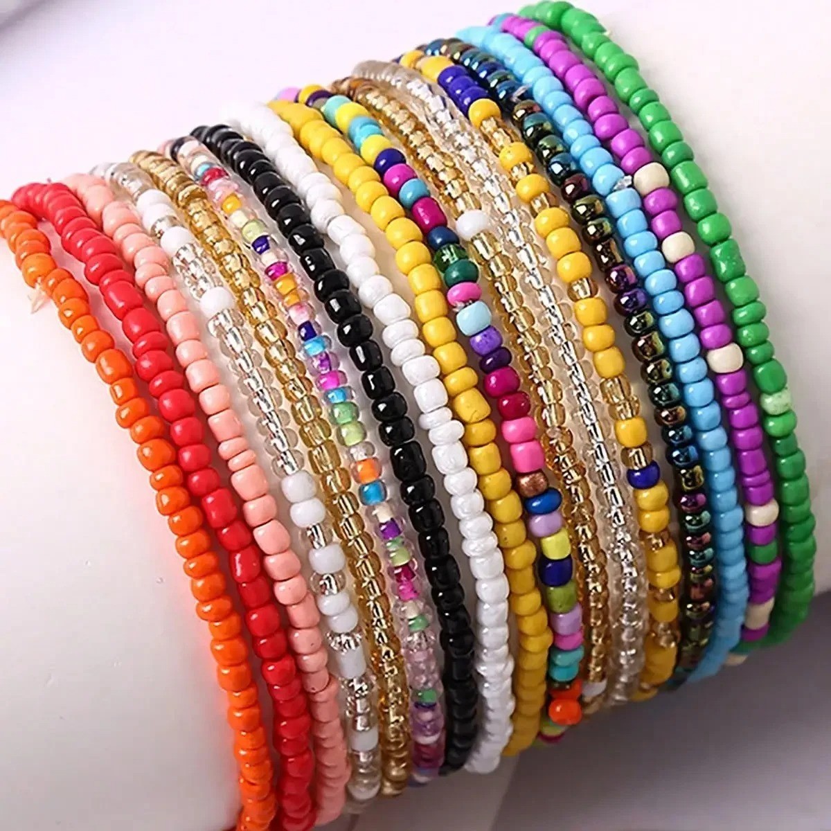 17pcs Beaded Bracelet Set Colorful Elastic Stackable Beach Bracelets
