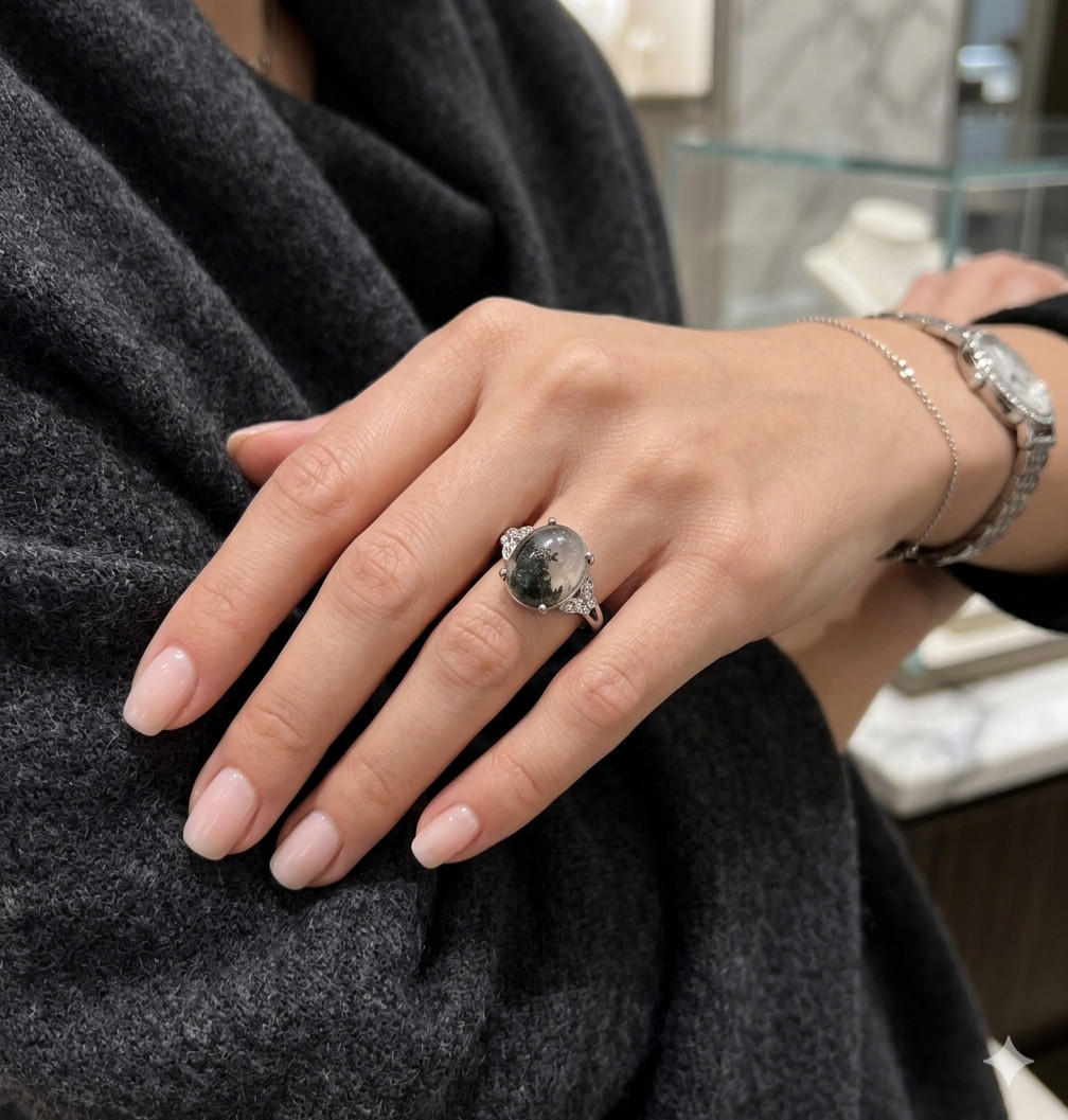 Wholesale 7 Pcs Natural Moss Agate Stainless Steel Rings(316) Crystal 10x12mm