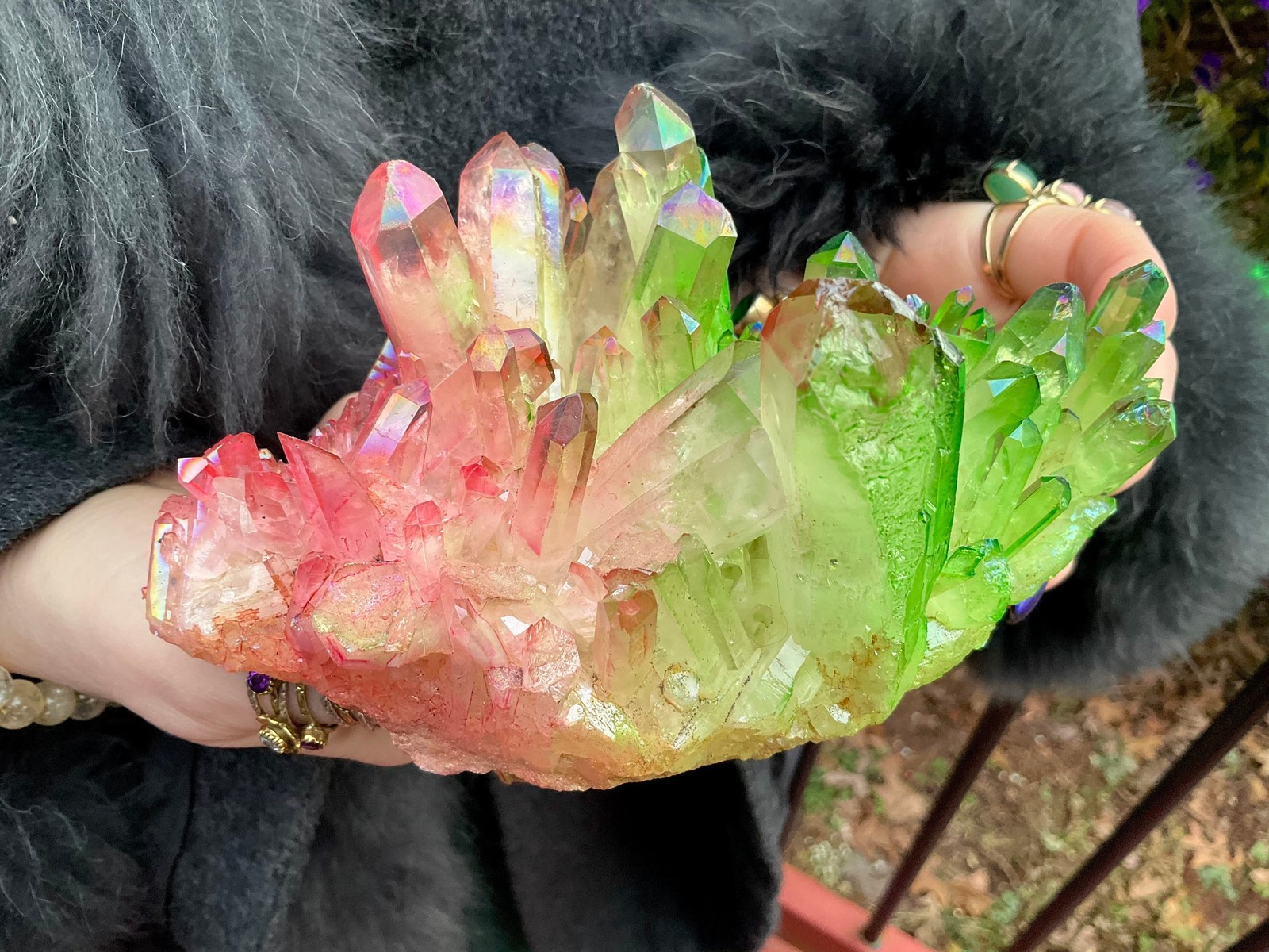 Pink & Green Aura Quartz Crystal Cluster ~ 1 Lb. 14 oz. ~ 6 1/2″ Long ~ Sparkli
