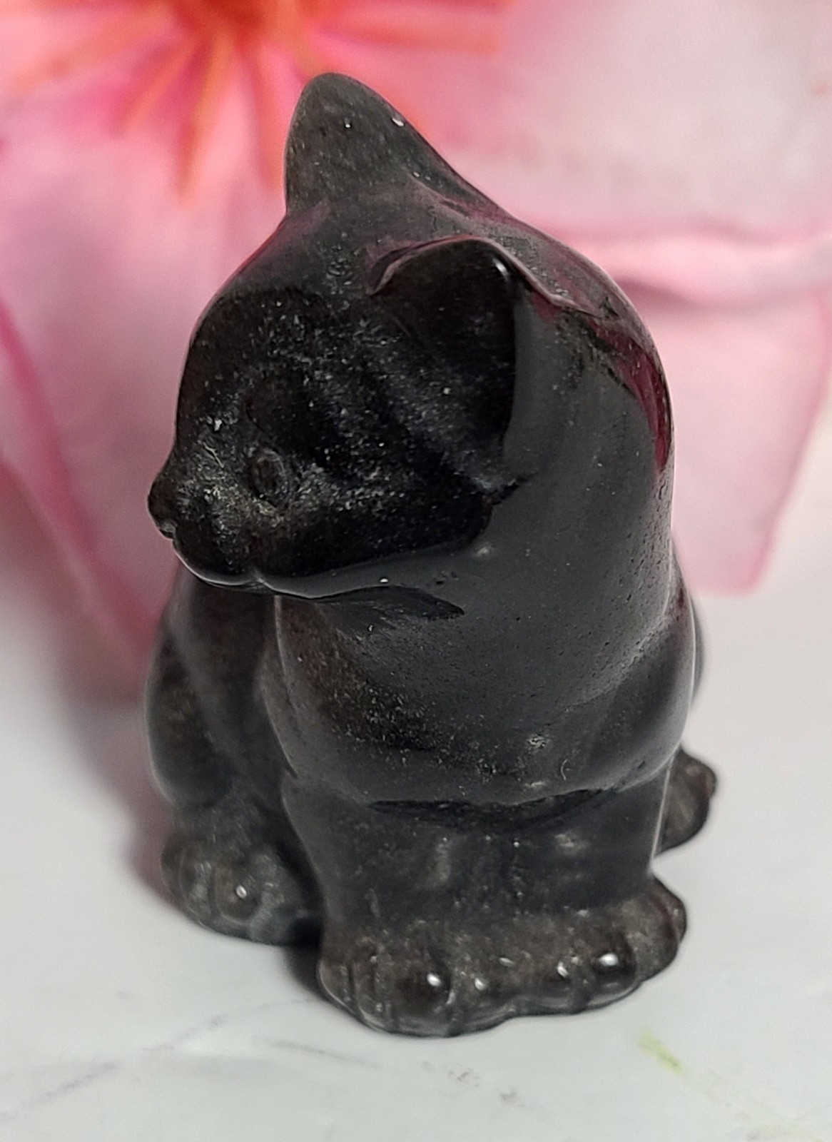 2″ 54g Adorable Silver Sheen Obsidian Sitting Cat Crystal Stone Carving Statue