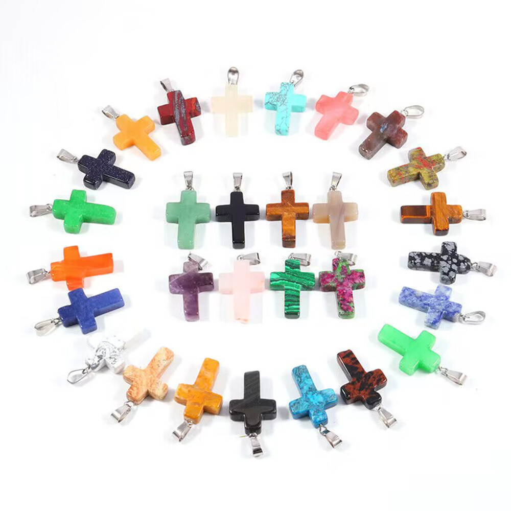 Natural Quartz Crystal Cross Pendant Chakra Stone Mixed Crucifix Shape Decor DIY