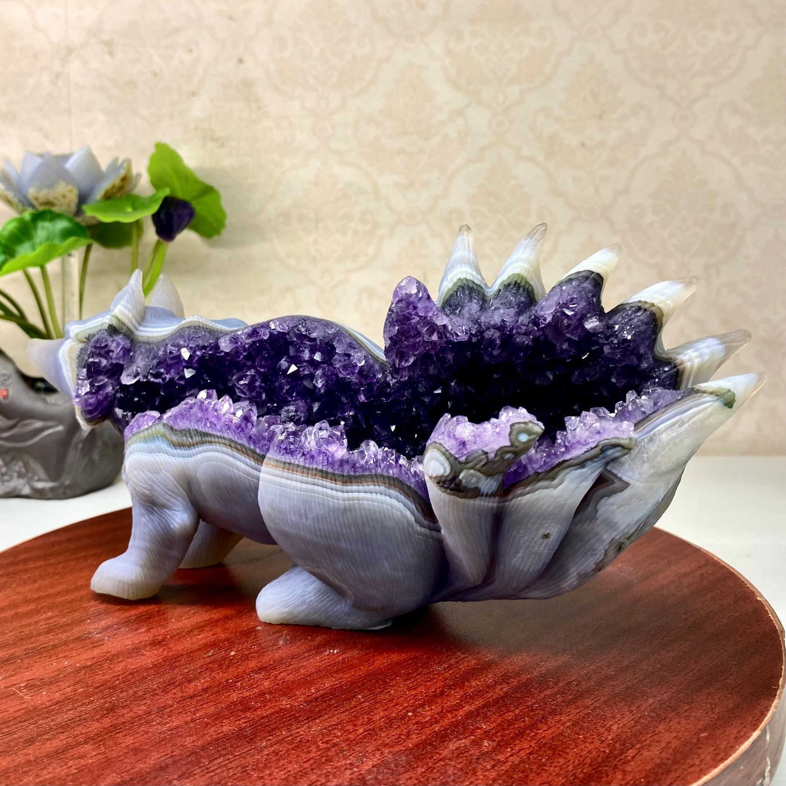 2.73LB Natural Agate Geode Hand Carved Nine-tailed Fox Quartz Crystal Decor