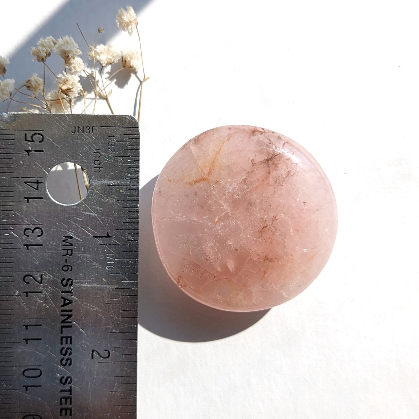 1.5″ rose quartz flat disk with iron inclusion, rose quartz crystal flat stone